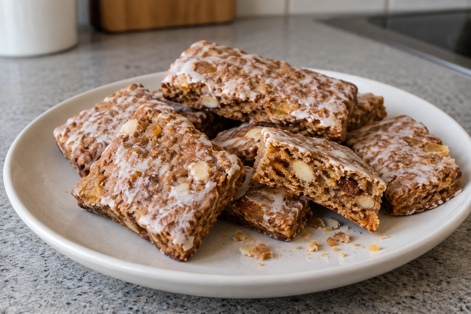 Hand-cut Swiss Läckerli biscuits with a thin irregular glaze and a compact honey-spice interior