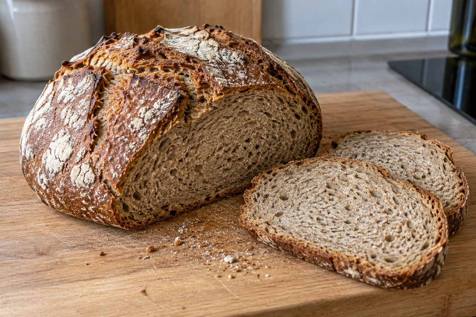 A naturally scored Bauernbrot loaf and cut slices showing irregular small rye-wheat crumb cells