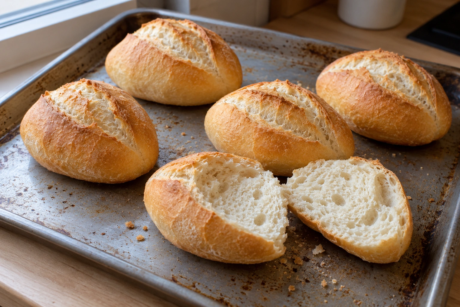 Golden breakfast Brötchen with irregular crisp crusts and a cut roll showing a natural light crumb