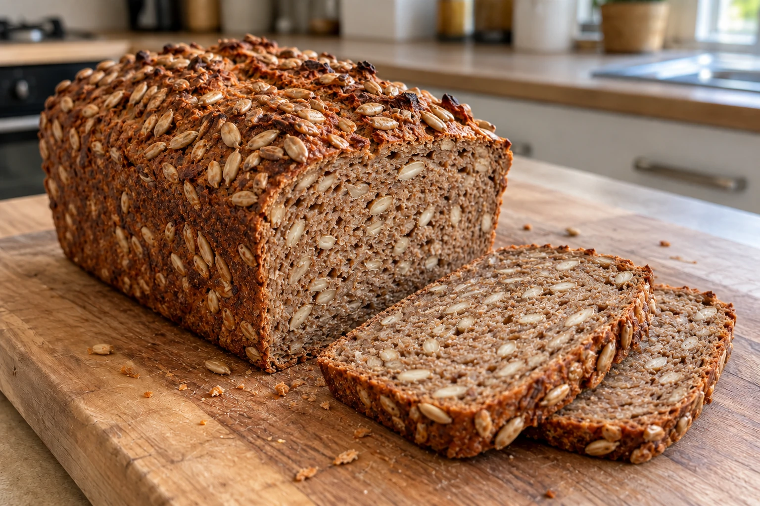 Dense rectangular spelt loaf with a rustic sunflower-seeded crust and thin slices showing a close, naturally uneven crumb in a sunlit kitchen