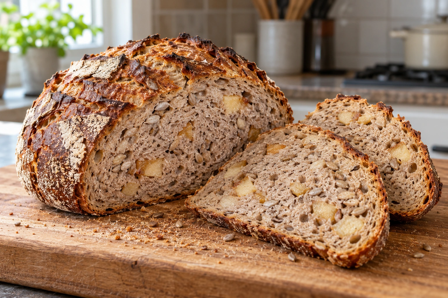 Rustic rye loaf with small roasted apple pieces and sunflower kernels in an irregular moist close crumb