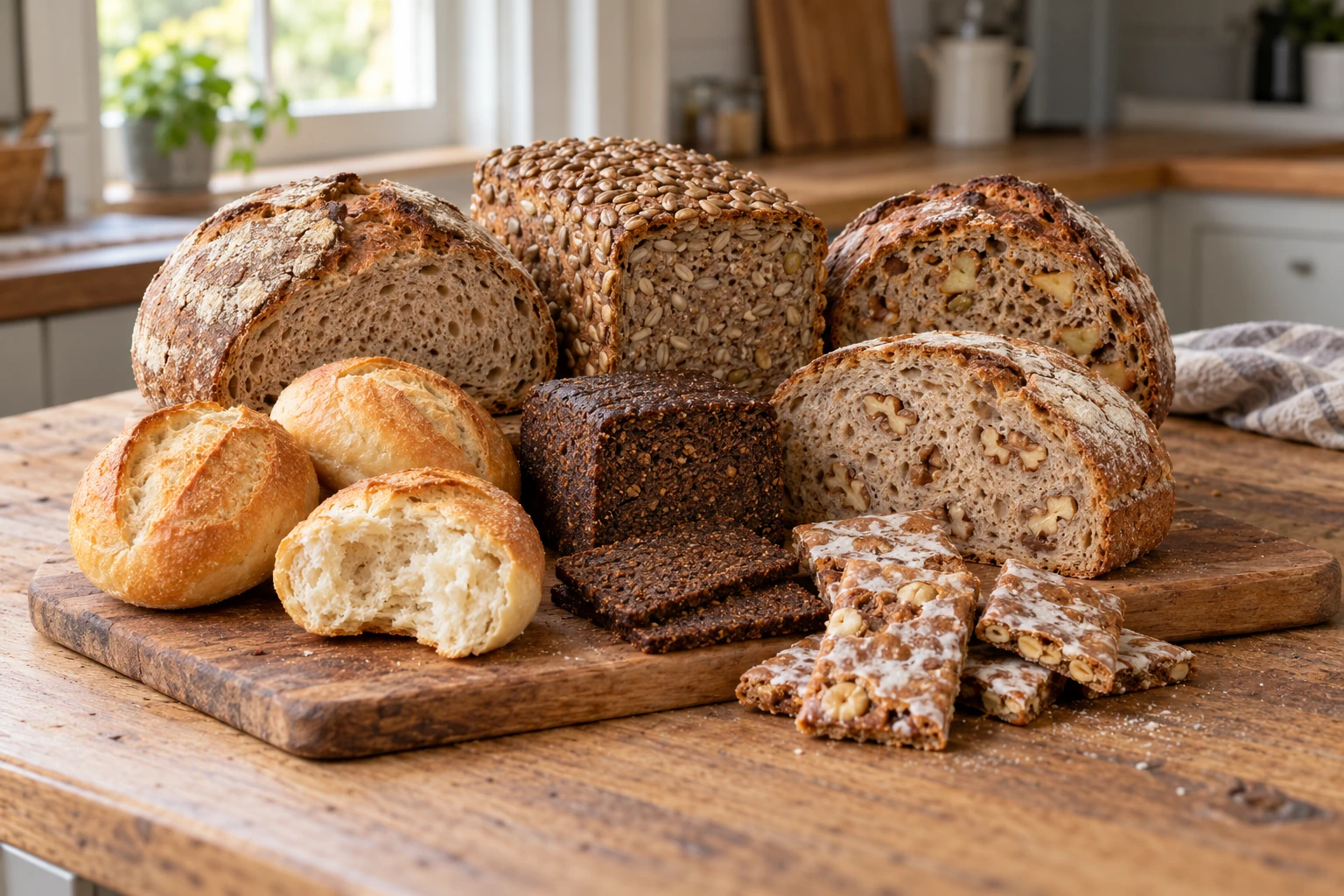 A kitchen-counter collection of rustic breads, golden Brötchen and glazed Basler Läckerli in soft natural window light