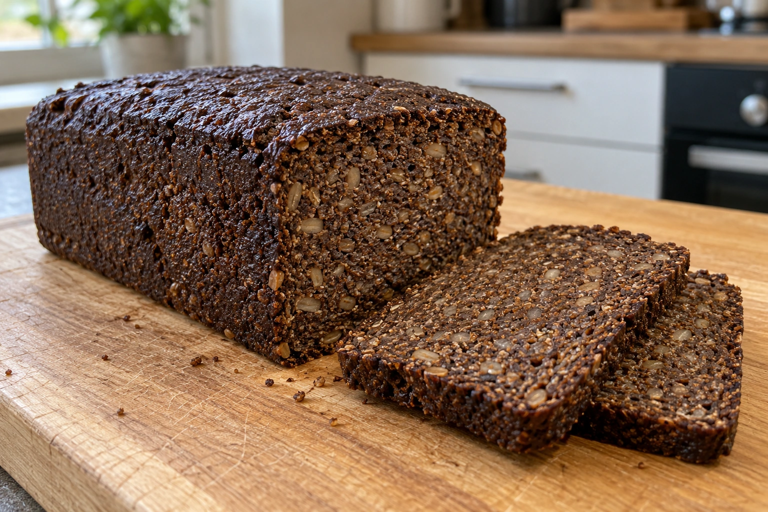 Traditional dark rectangular pumpernickel with thin slices and a dense moist coarse-rye grain interior