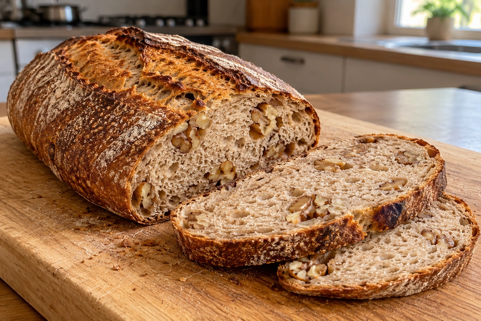 An elongated spelt walnut loaf with uneven brown scoring and sliced natural walnut-studded crumb